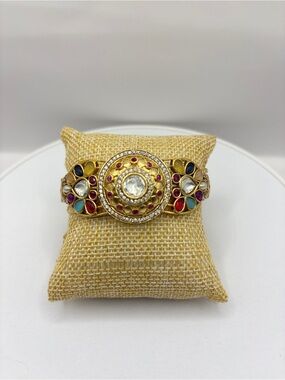 Gold Multicolor Kundan Bracelet with Centerstone